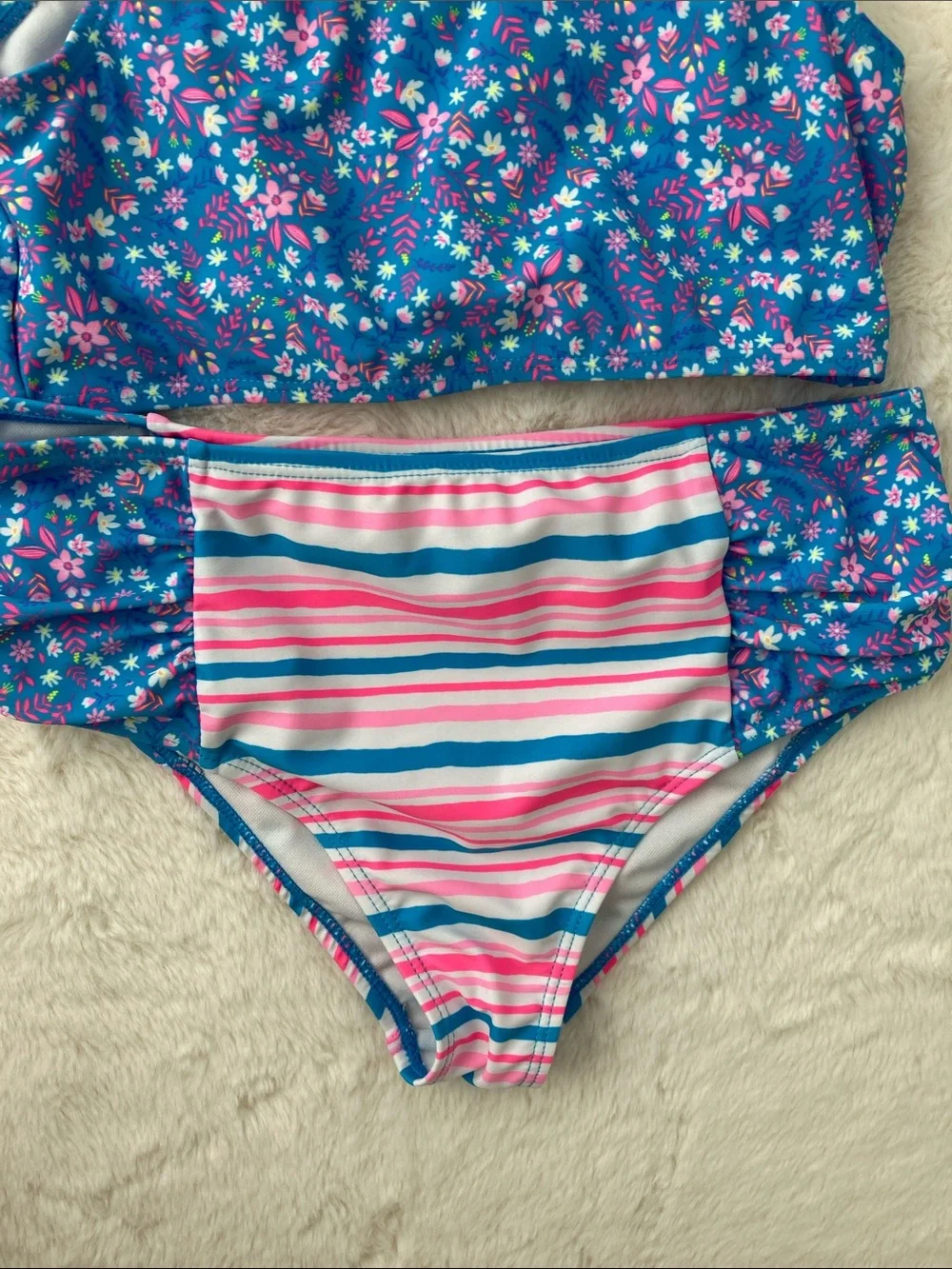 SALE! Tommy Bahama Girls Floral Top & Striped High-Waist Bikini Blue & Pink 12